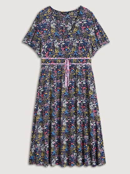Rayon Floral Print Contrast Pockets Midi Dress