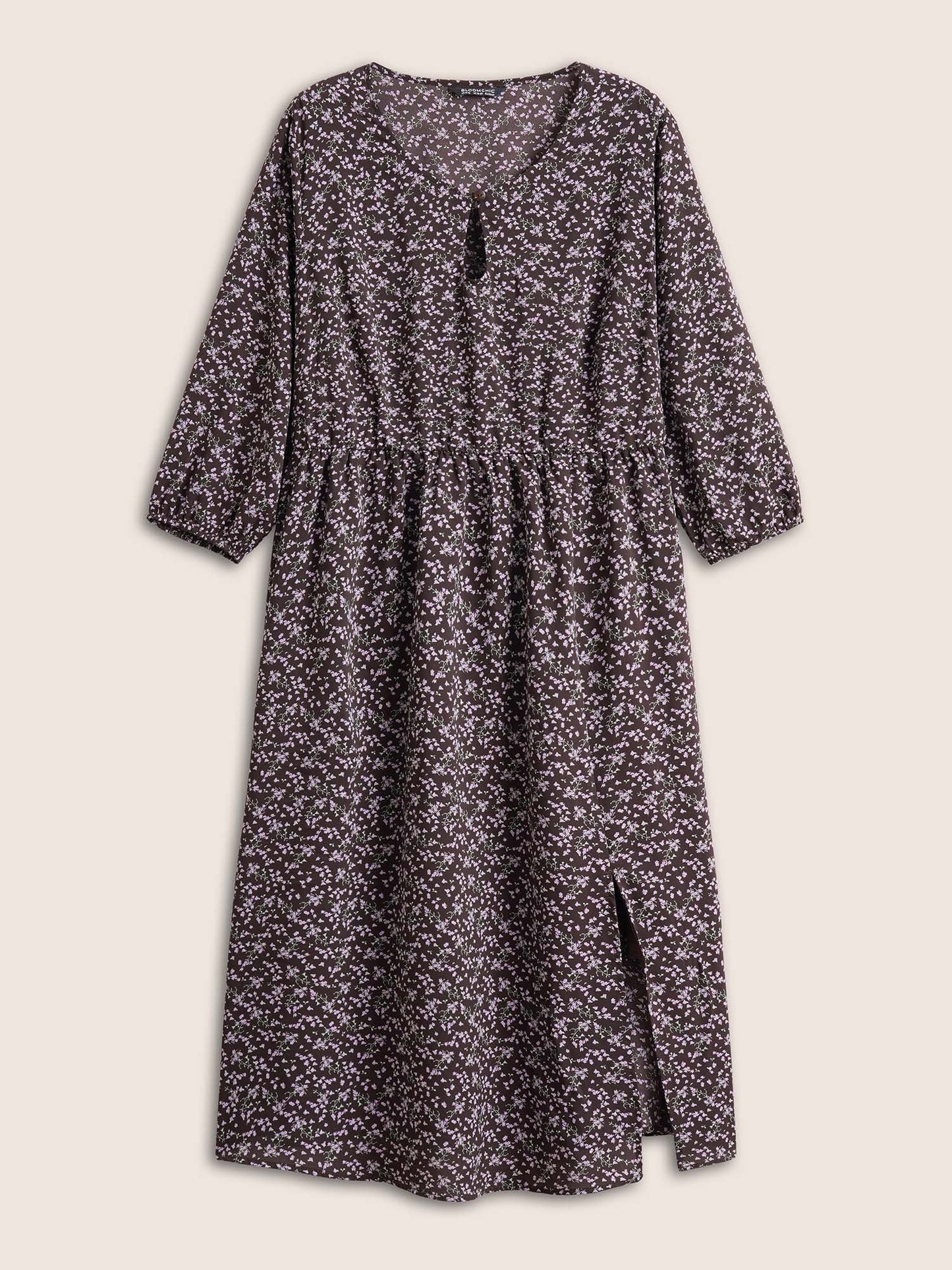 Ditsy Floral Keyhole Split Side Elastic Waist Dress