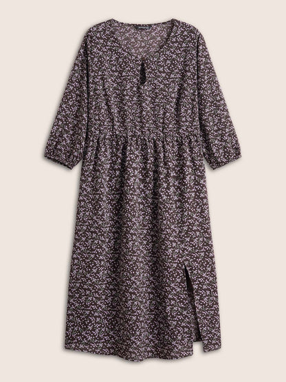 Ditsy Floral Keyhole Split Side Elastic Waist Dress
