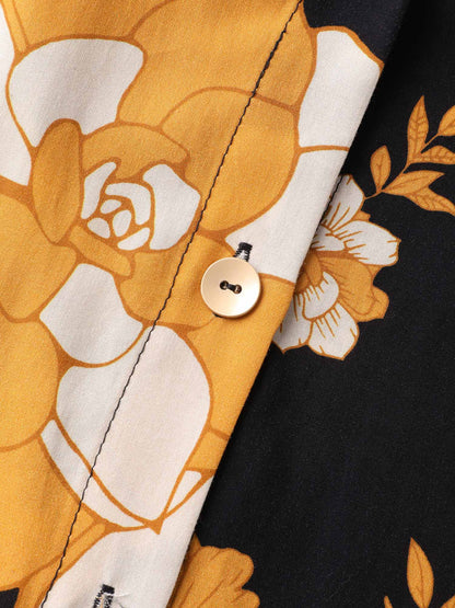 Large Flower Print Button Slit Maxi Dress