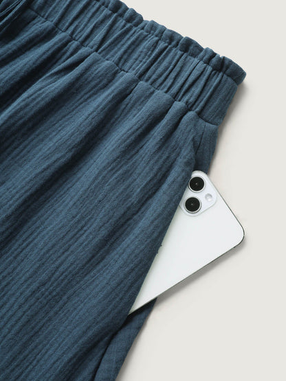 Cotton Textured Waist Tie Wide-Leg Shorts