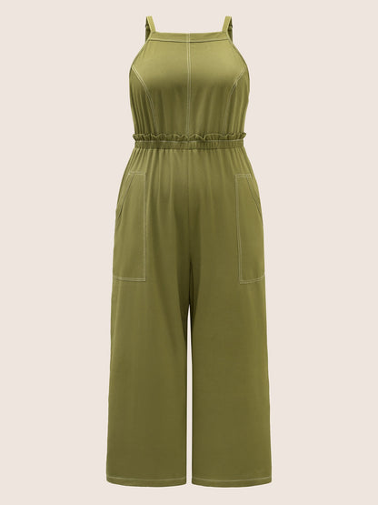 Plain Tucked Seam Frill Trim Jumpsuit