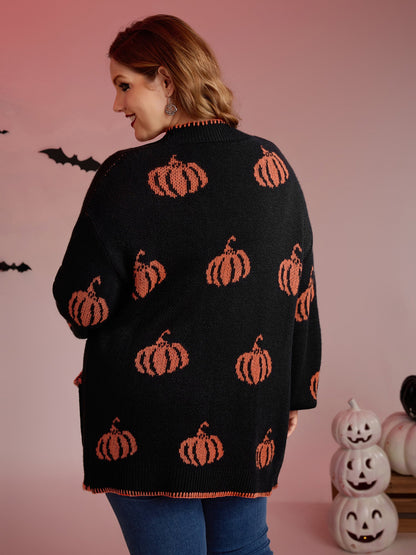 Halloween Pumpkin Print Contrast Knit Cardigan