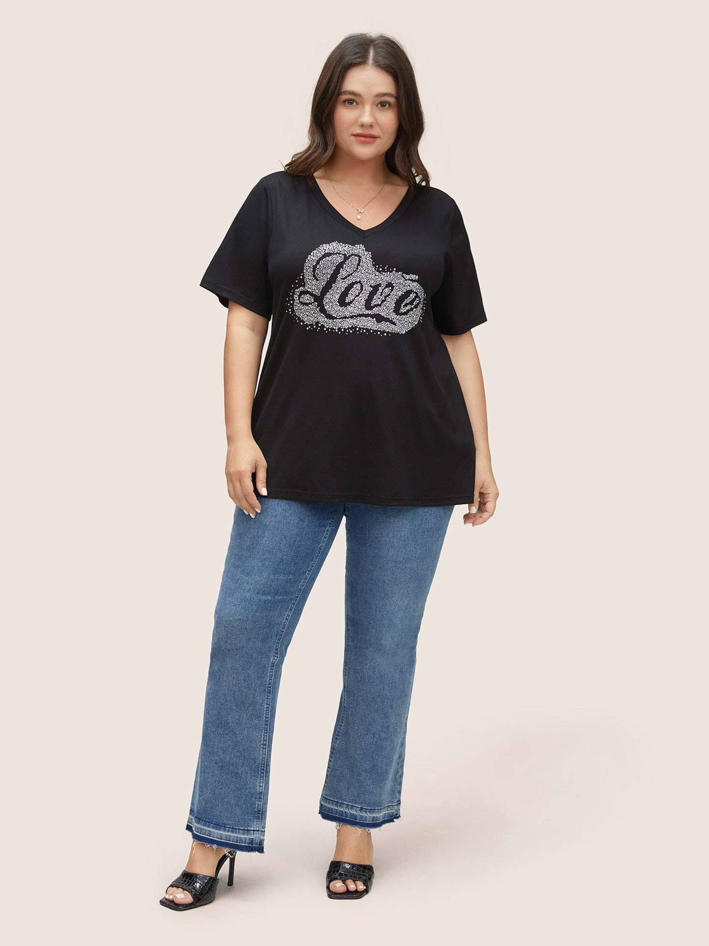 Love Rhinestone V Neck T-shirt