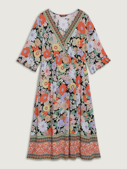 Rayon Floral Print V-Neck Maxi Dress