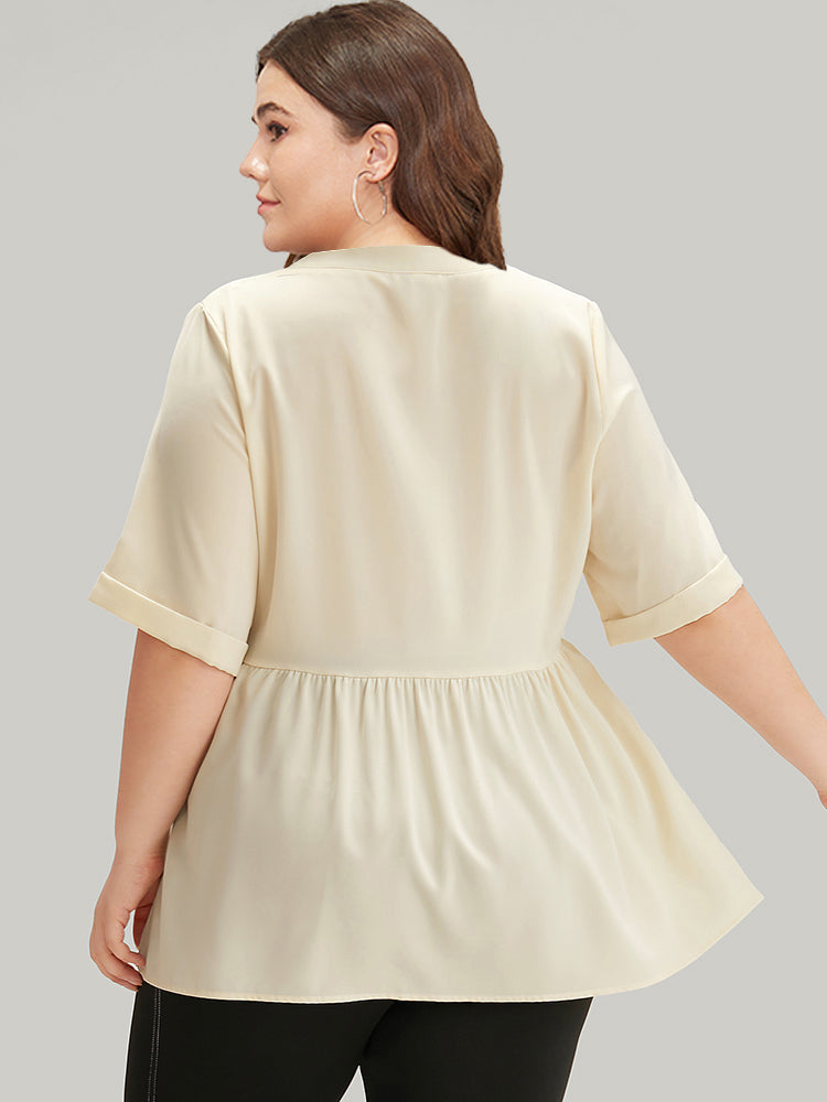Anti-Wrinkle Lace Up Notched Gathered Blouse