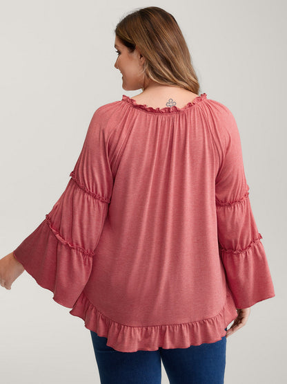 Supersoft Tiered Ruffled Sleeve Neck-Tie Top