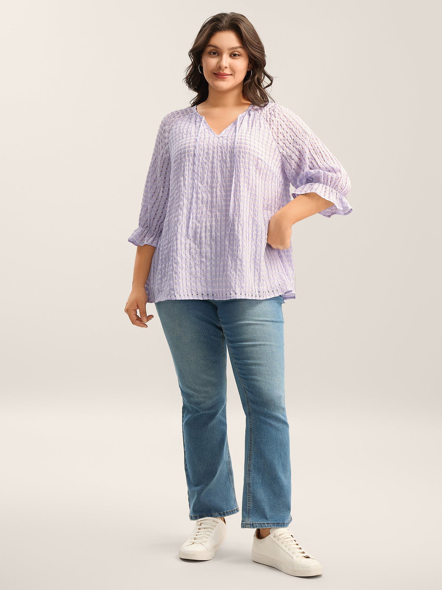 Grid Textured Keyhole Tie Blouse