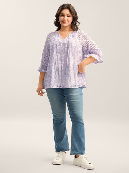 Grid Textured Keyhole Tie Blouse