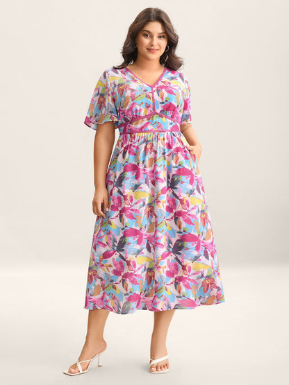Large Flower Print Cinched-Waist Midi Dress