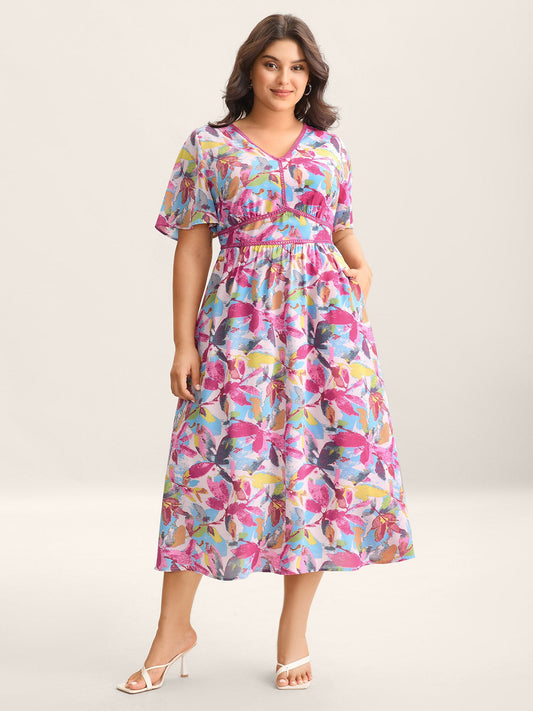 Large Flower Print Cinched-Waist Midi Dress