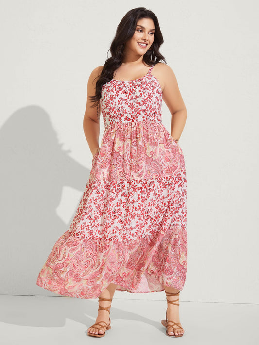 Floral Paisley Print Cami Pockets Midi Dress