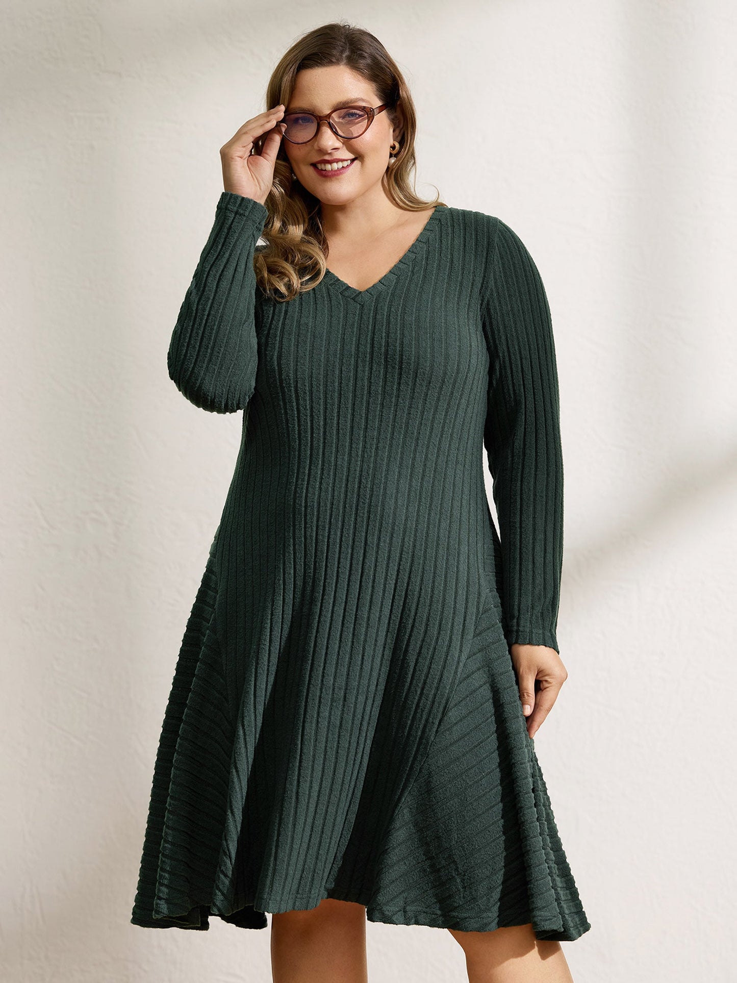 Ribbed Fleece V-Neck Knit Midi Dress