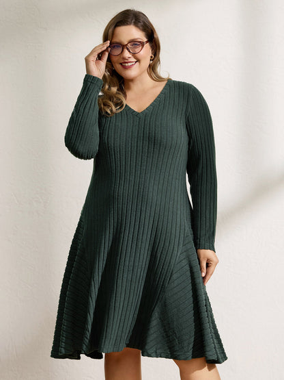 Ribbed Fleece V-Neck Knit Midi Dress