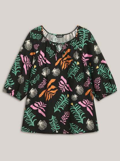 Multi-Color Leaf Print Tassels Blouse