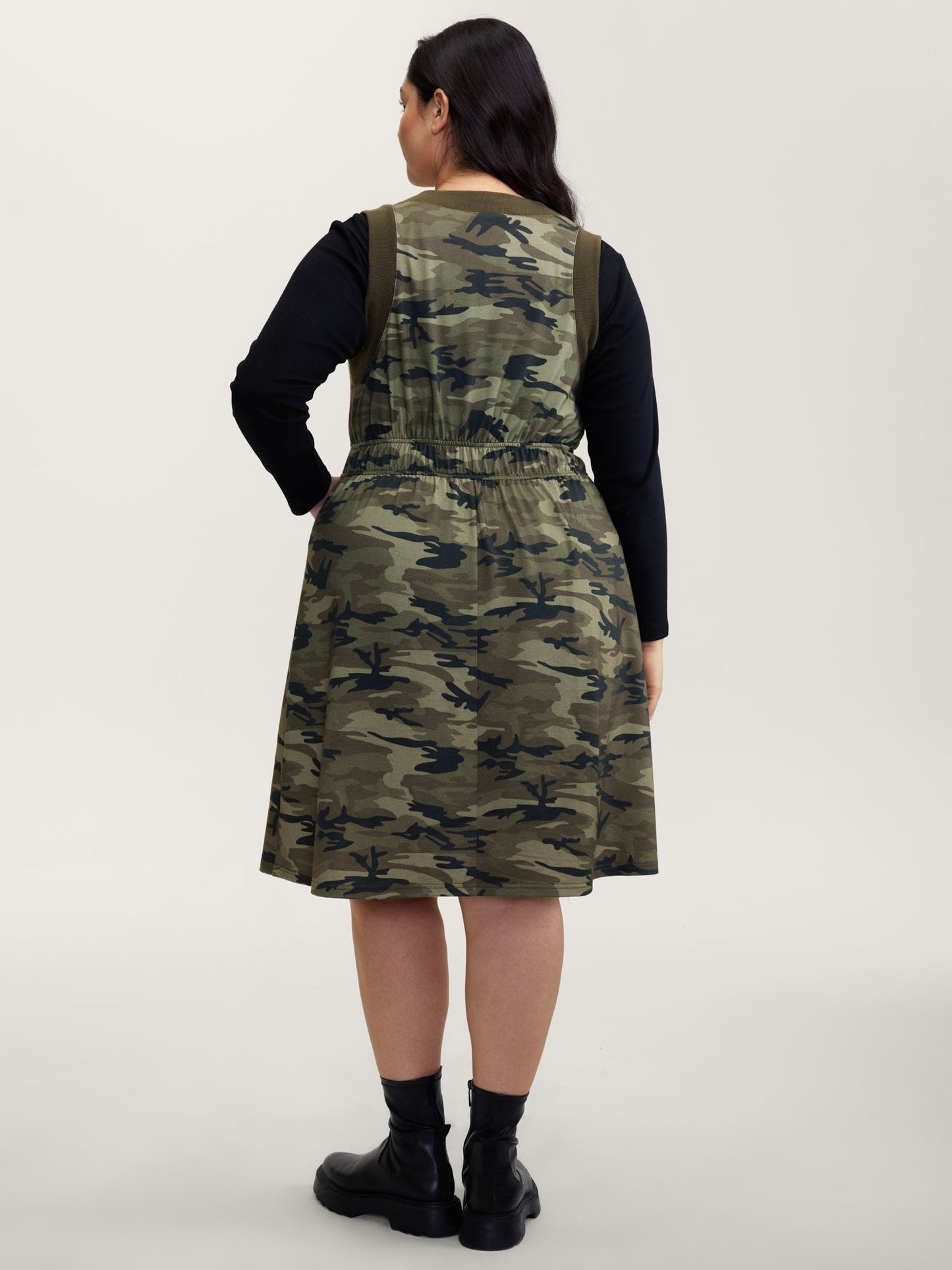 Camouflage Print Zipper Front Pockets Midi Dress