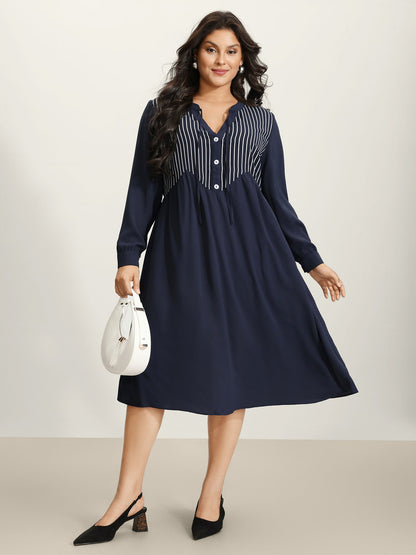 Striped Button Detail Stretchy Waist Midi Dress