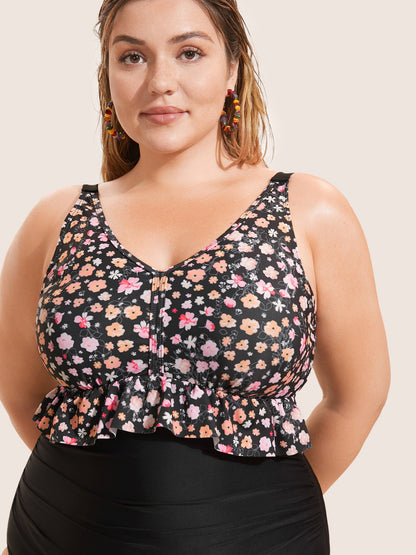 Ditsy Floral Patchwork Ruffle Trim One Piece Swimsuit
