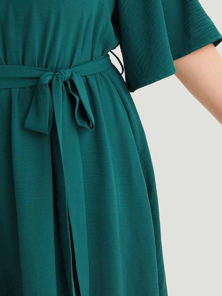 Plain Belted Laser Cut High Low Hem Dress