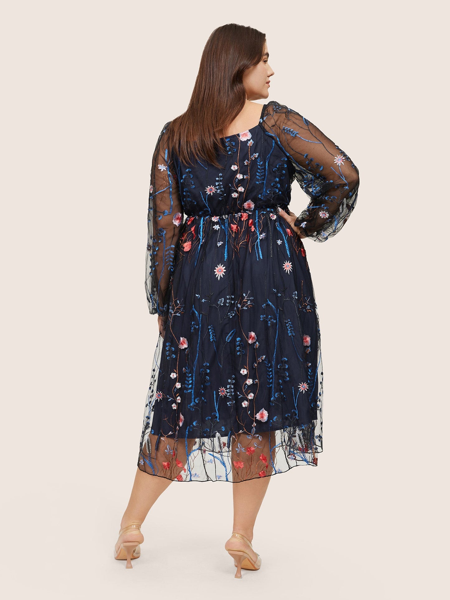 Square Neck Embroidered Lace Mesh Lantern Sleeve Dress