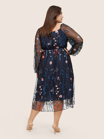 Square Neck Embroidered Lace Mesh Lantern Sleeve Dress