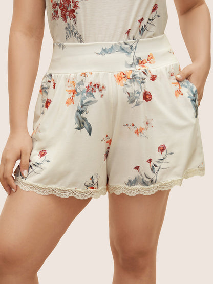 Plants Lace Patchwork Elastic Waist Sleep Bottoms