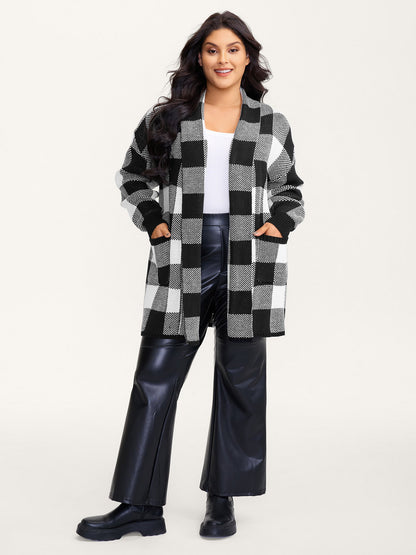 Checkered Jacquard Folded Collar Knit Cardigan