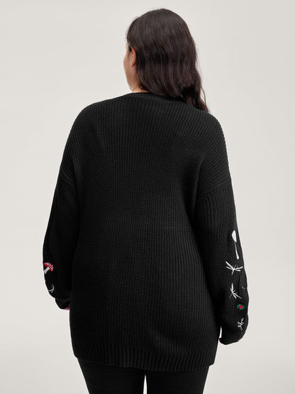 Mushroom Embroidery Textured Button Cardigan