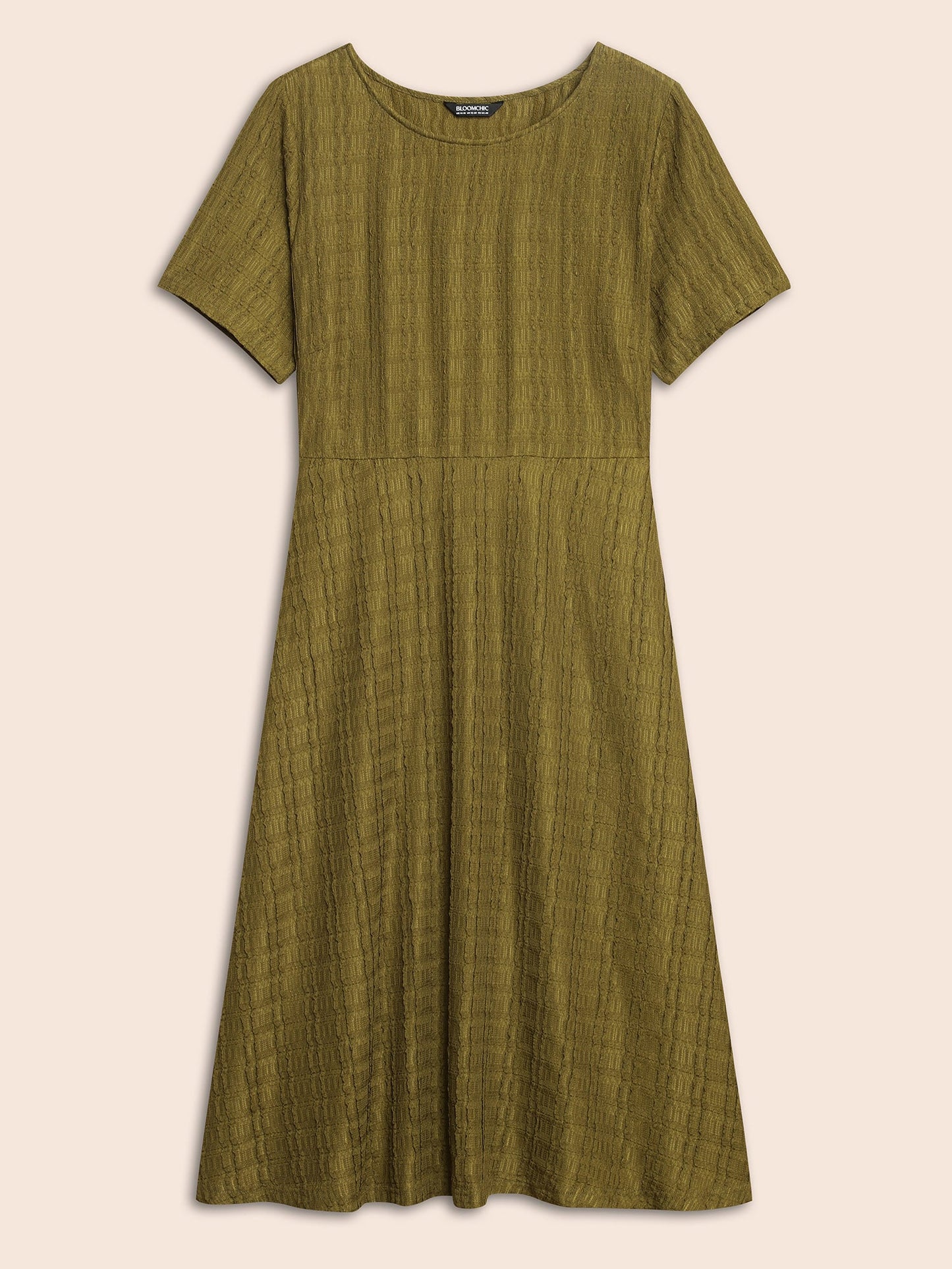 Solid Textured Crew Neck Midi Dress
