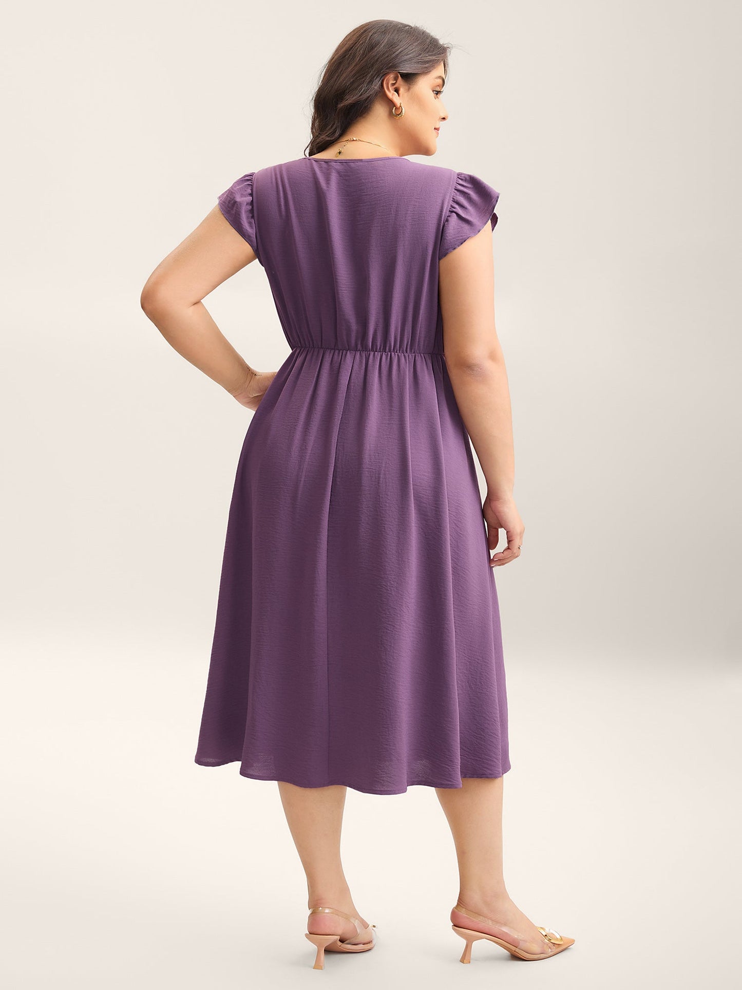 Solid Surplice Neck Pockets Midi Dress