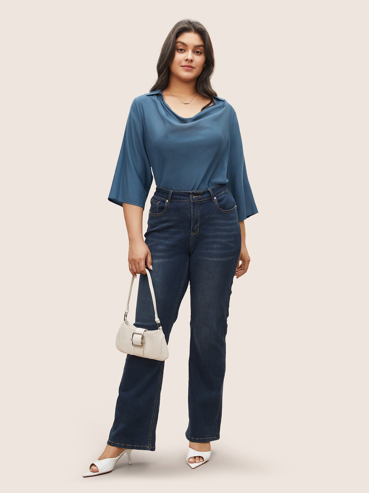 Cowl Neck Plain Bell Sleeve Blouse