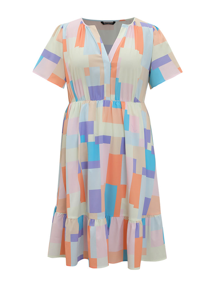 Geometric Notched Pocket Shirred Flutter Hem Dress