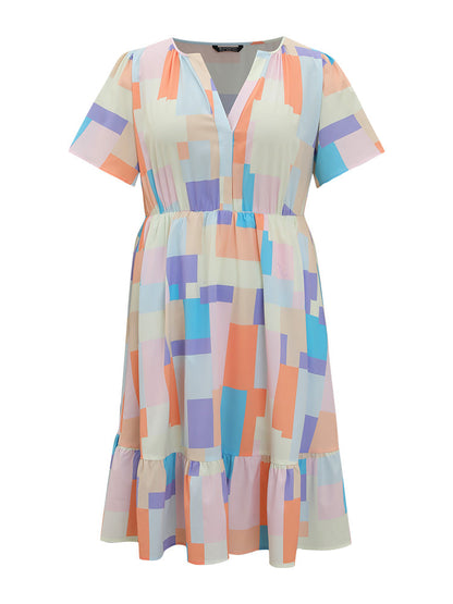 Geometric Notched Pocket Shirred Flutter Hem Dress
