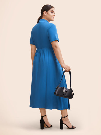 Plain Shirt Collar Pleated Midi Dress
