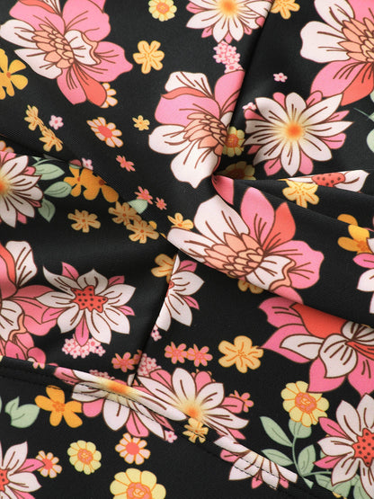 Twist Front Floral Print Pockets Swim Dress