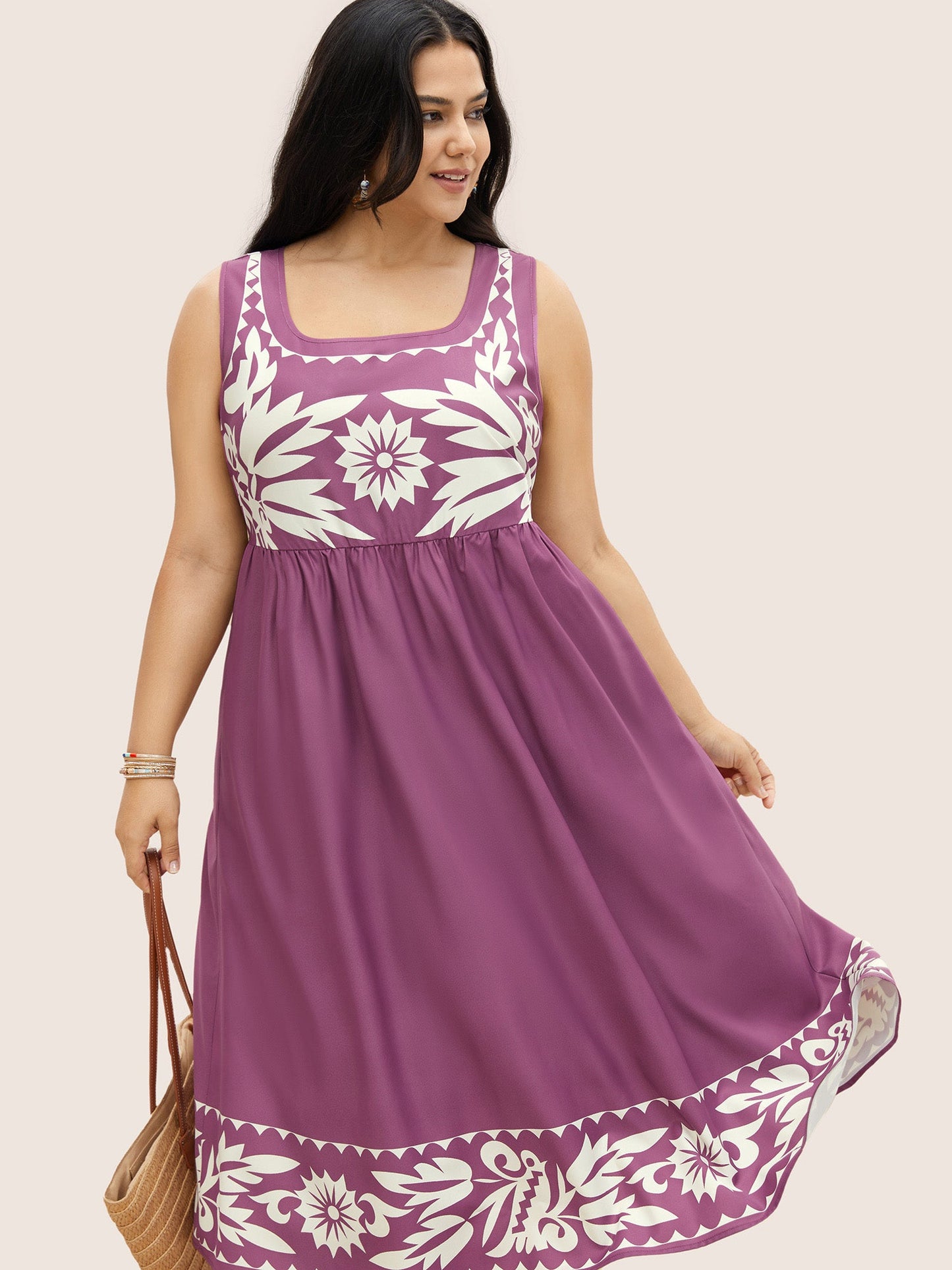Boho Print Square Neck Elastic Waist Tank Dress