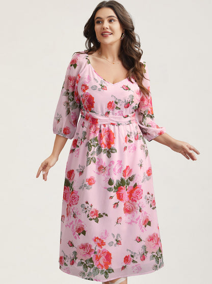 Rosy Print Pockets Pleated Midi Dress