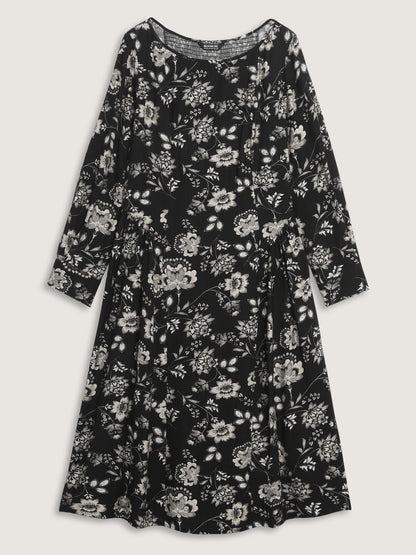 Floral Print Boat Neckline Midi Dress