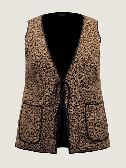 Floral Print Three Ties Quilted Vest