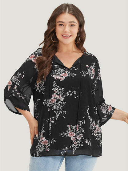 Floral Print Knot Neck Mesh Tab Sleeve Blouse