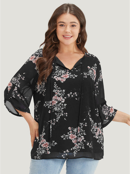 Floral Print Knot Neck Mesh Tab Sleeve Blouse