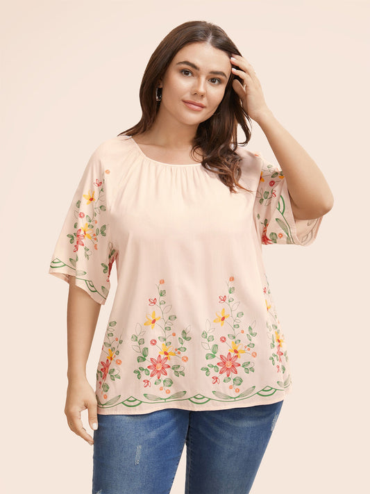 Boho Print Gathered Ruffle Sleeve Blouse