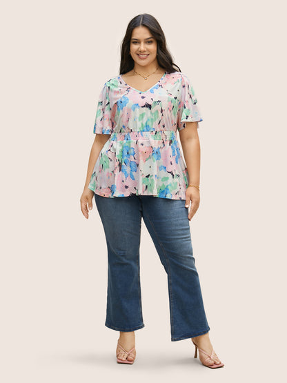 V Neck Floral Shirred Flutter Sleeve T-shirt