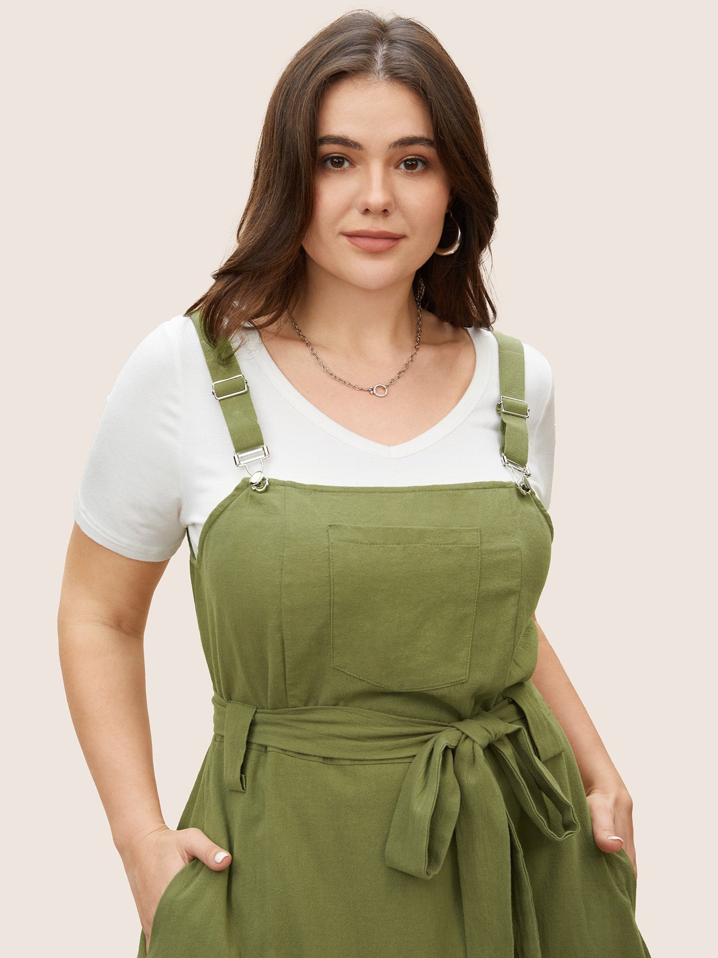 Solid Patched Pocket Adjustable Straps Belted Dress