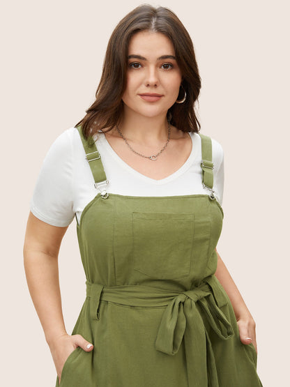 Solid Patched Pocket Adjustable Straps Belted Dress