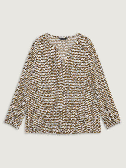 Wavy Stripe Button Detail Split Neck Blouse