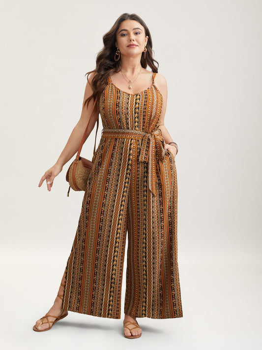 Boho Stripes Belted Straight Leg Jumpsuit