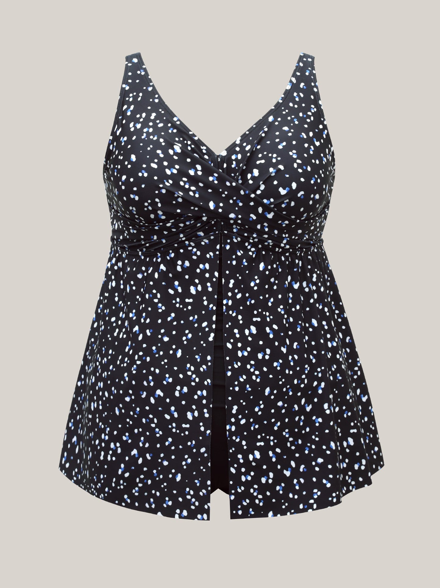 Dot Print Layered Twist-Front One-Piece Swimsuit