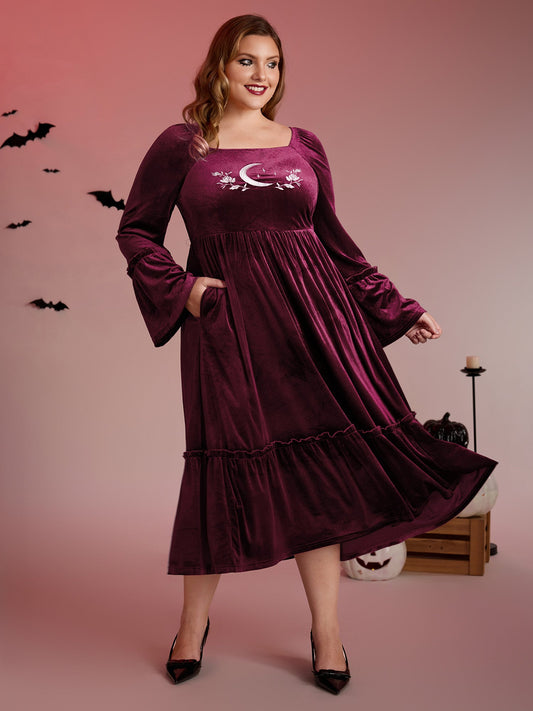 Mystical Moon Embroidery Velvet Midi Dress