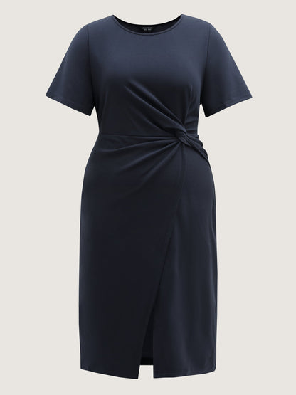 Half-Sleeve Split Front Sheath Midi Dress